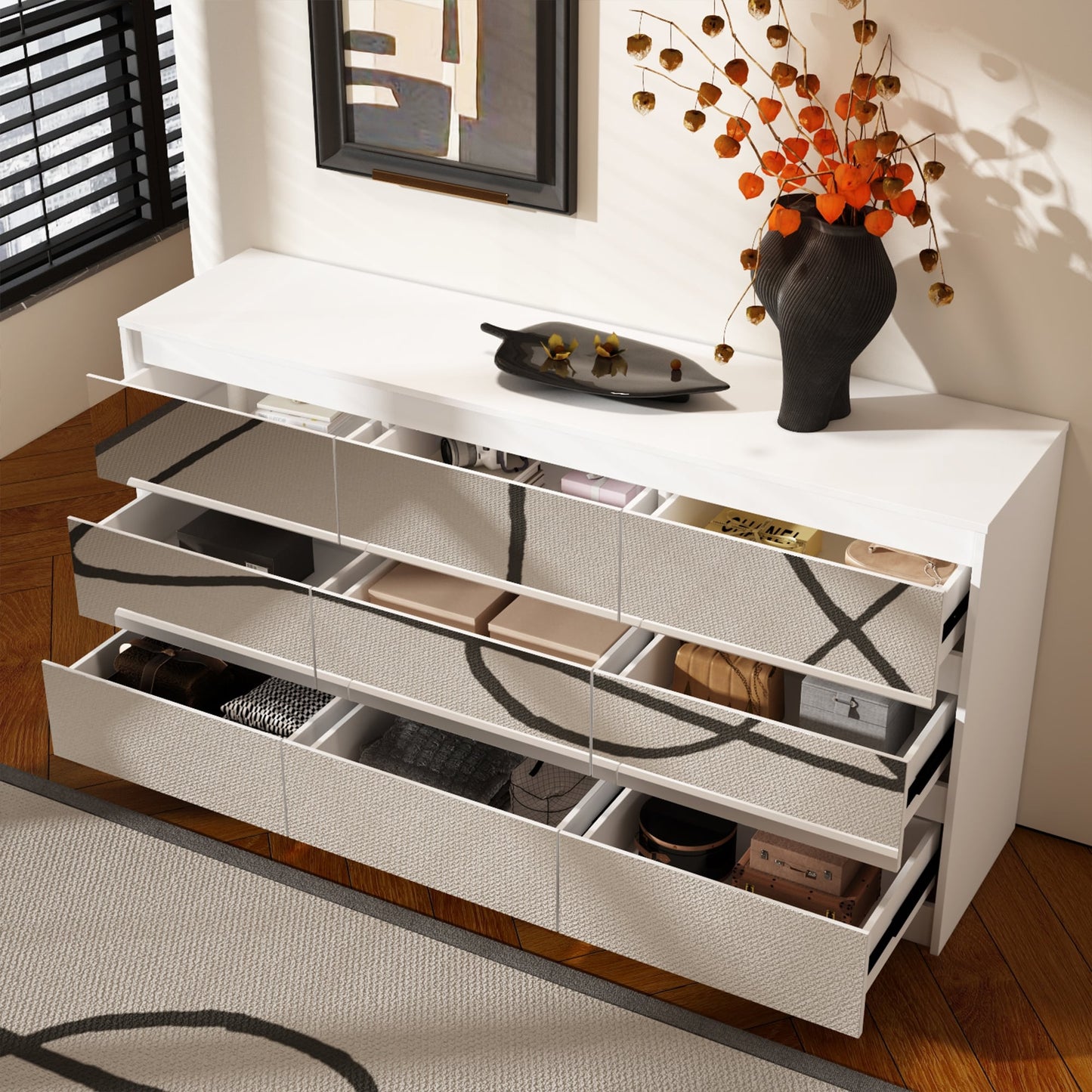 Cassettiera con 9 cassetti da 63 W, cassettiera decorativa per soggiorno, camera da letto