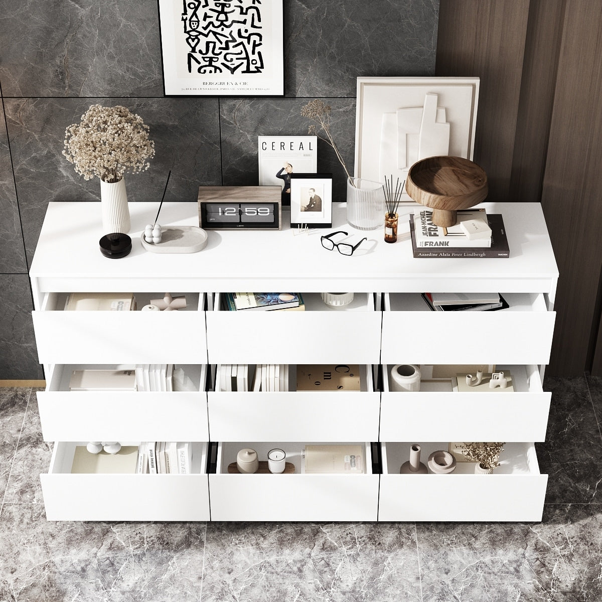 Cassettiera con 9 cassetti da 63 W, cassettiera decorativa per soggiorno, camera da letto