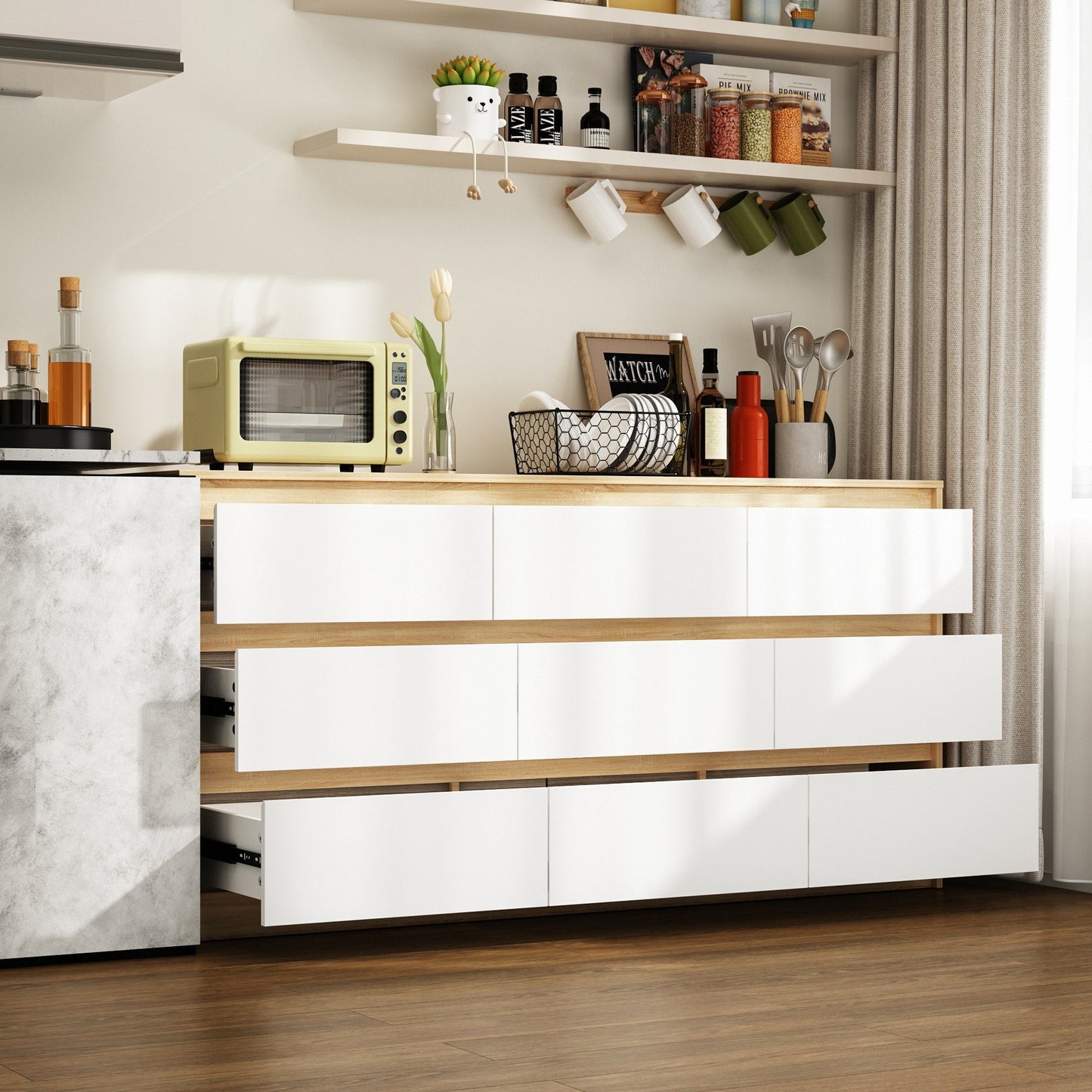 Cassettiera con 9 cassetti da 63 W, cassettiera decorativa per soggiorno, camera da letto