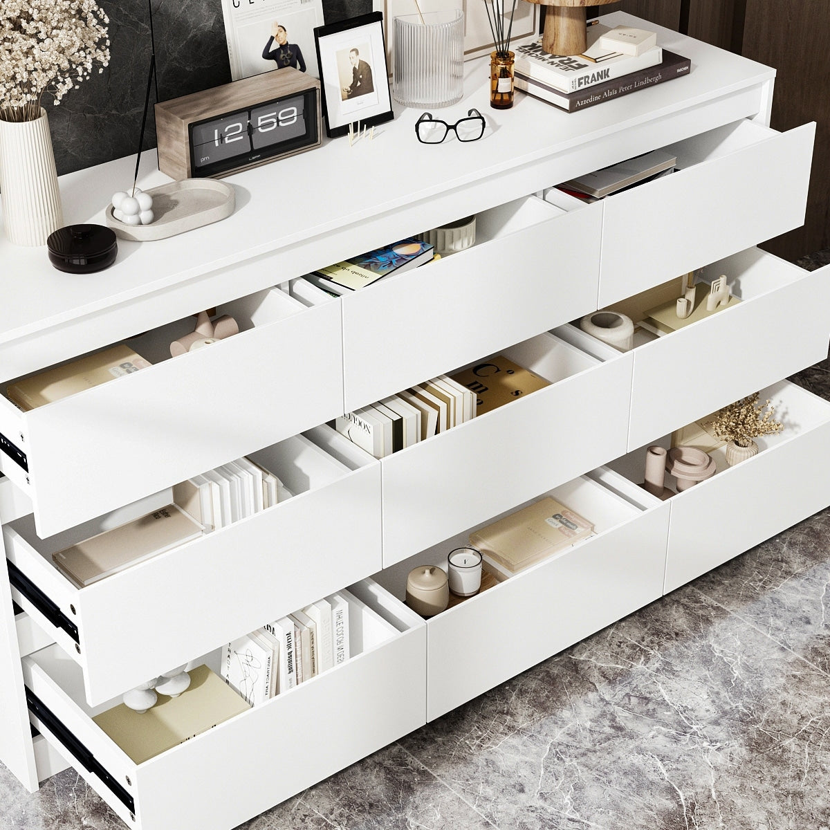 Cassettiera con 9 cassetti da 63 W, cassettiera decorativa per soggiorno, camera da letto