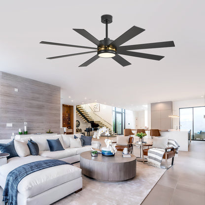 Ventilatore da soffitto a LED nero da 65 pollici a 8 pale con luce e telecomando