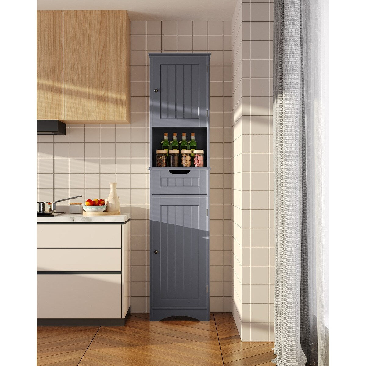 Mobiletto stretto per la biancheria da bagno alto 67'', mobiletto portaoggetti indipendente in legno massello a 5 ripiani