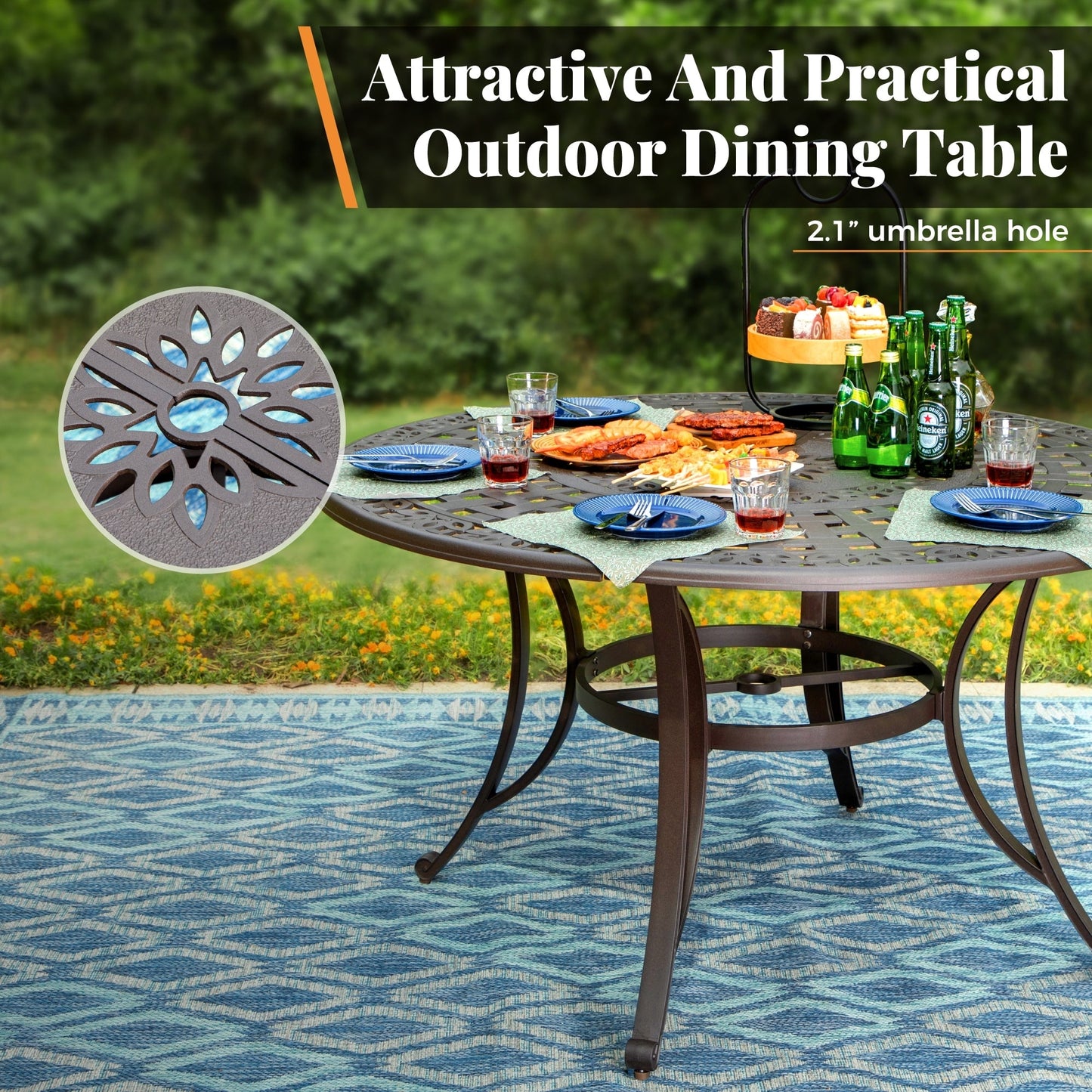 MAISON ARTS Sedie da pranzo in alluminio pressofuso/Set da pranzo per patio con tavolo da pranzo rotondo e 6 sedie da patio in alluminio pressofuso