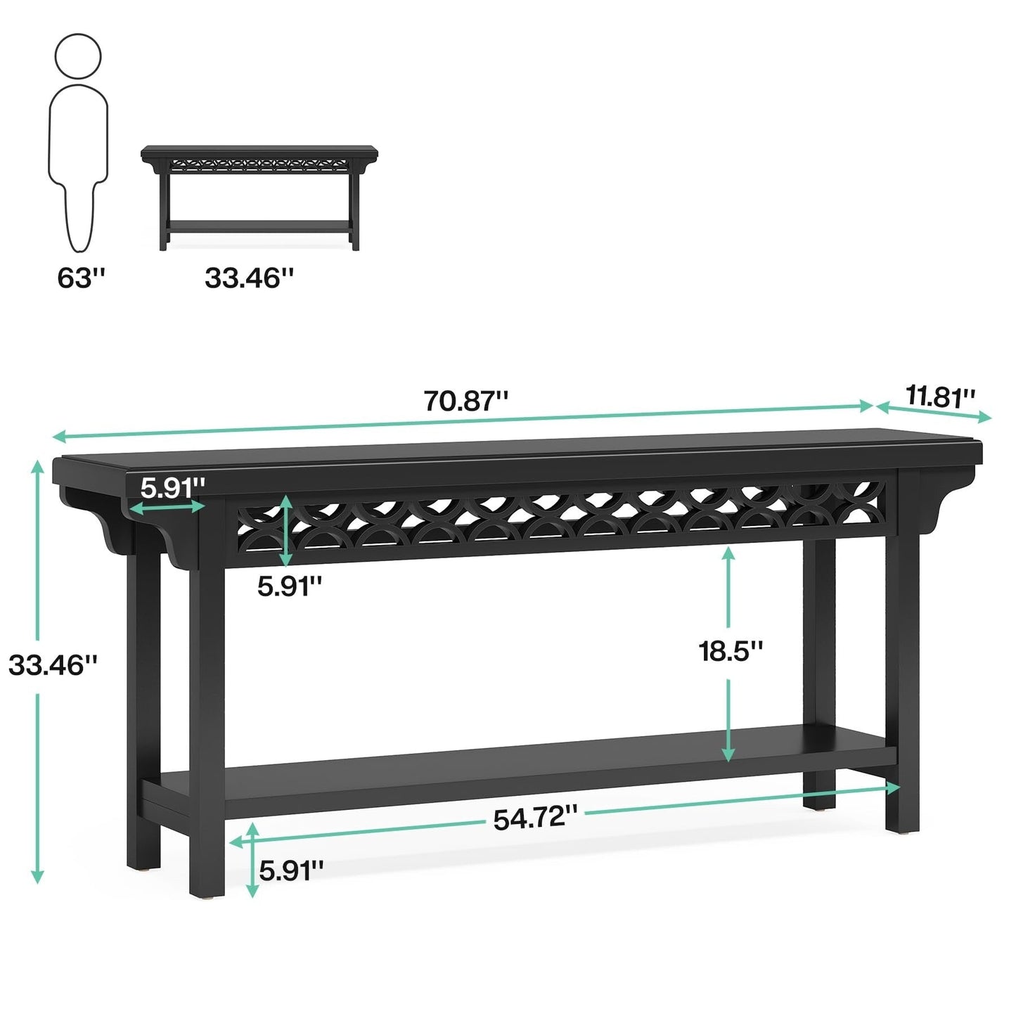 Tavolo da divano consolle lungo in legno massello da fattoria da 70,8 pollici