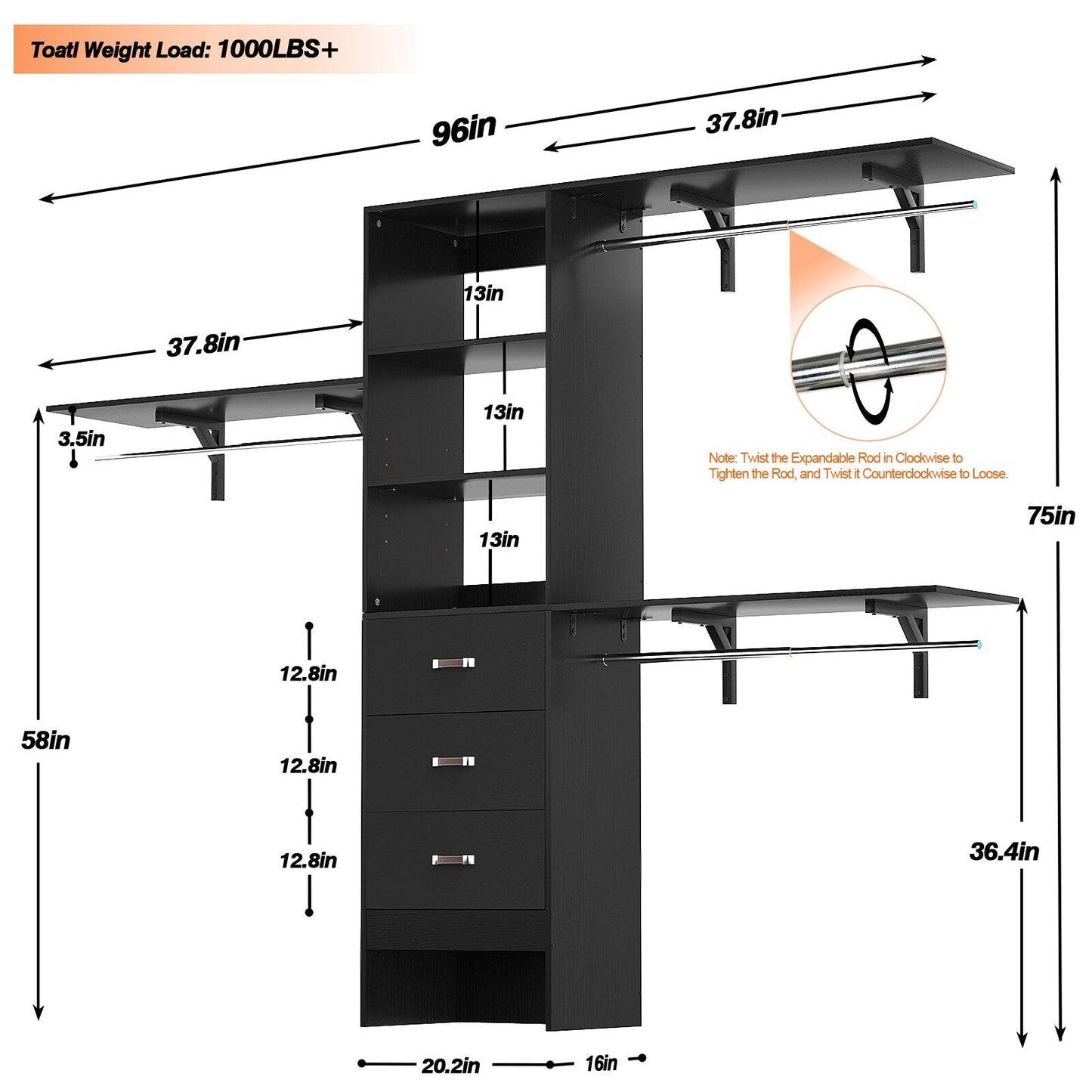 Rackcog 120'' Organizer per armadio regolabile con cassetti, sistema per armadio con ripiani fai da te per armadi a muro e cabine armadio
