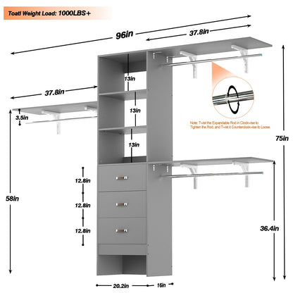 Rackcog 120'' Organizer per armadio regolabile con cassetti, sistema per armadio con ripiani fai da te per armadi a muro e cabine armadio