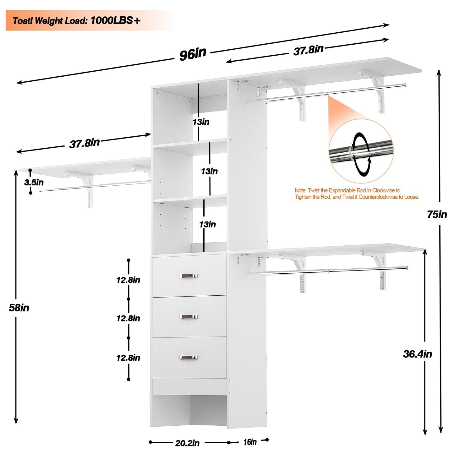 Rackcog 120'' Organizer per armadio regolabile con cassetti, sistema per armadio con ripiani fai da te per armadi a muro e cabine armadio