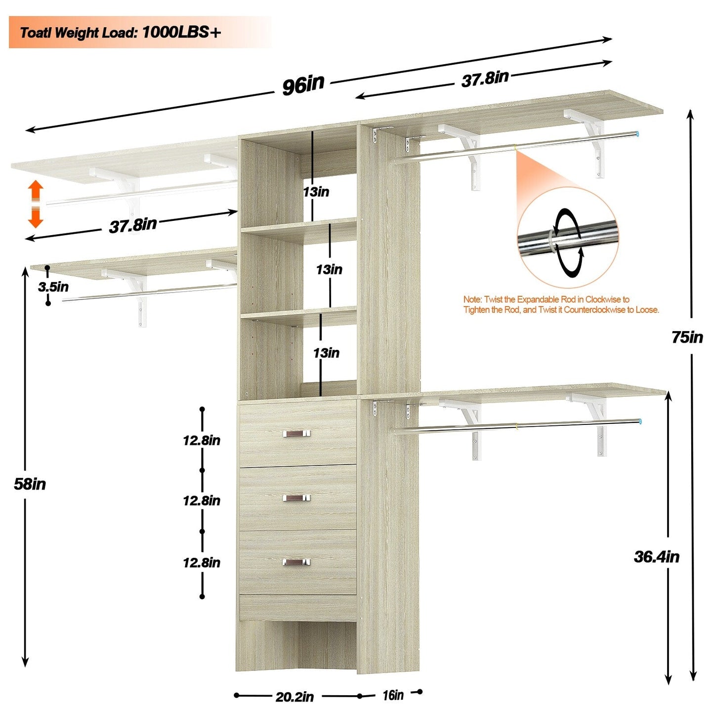 Rackcog 120'' Organizer per armadio regolabile con cassetti, sistema per armadio con ripiani fai da te per armadi a muro e cabine armadio
