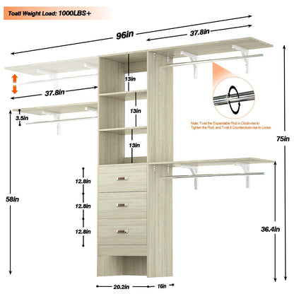 Rackcog 120'' Organizer per armadio regolabile con cassetti, sistema per armadio con ripiani fai da te per armadi a muro e cabine armadio