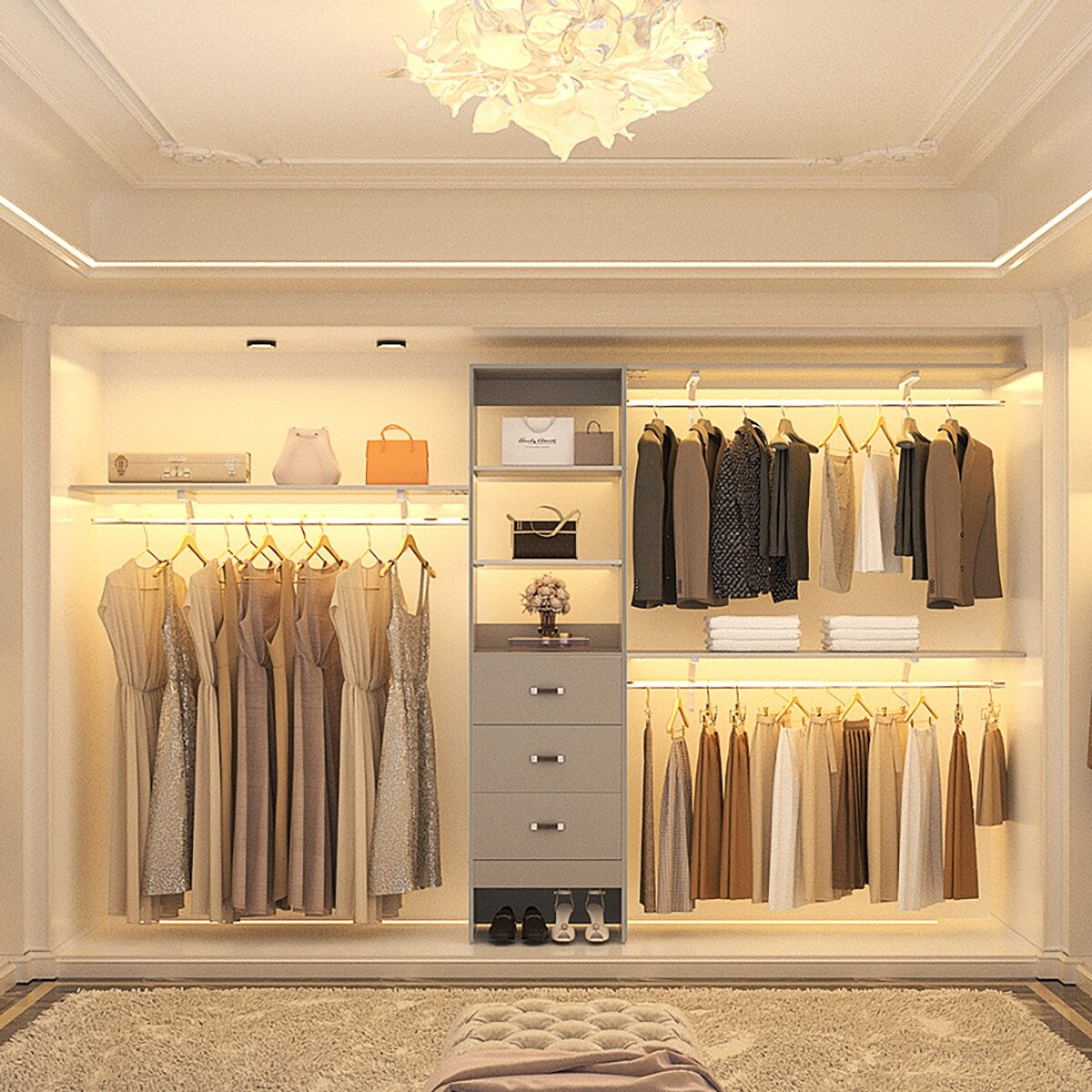 Rackcog 120'' Organizer per armadio regolabile con cassetti, sistema per armadio con ripiani fai da te per armadi a muro e cabine armadio