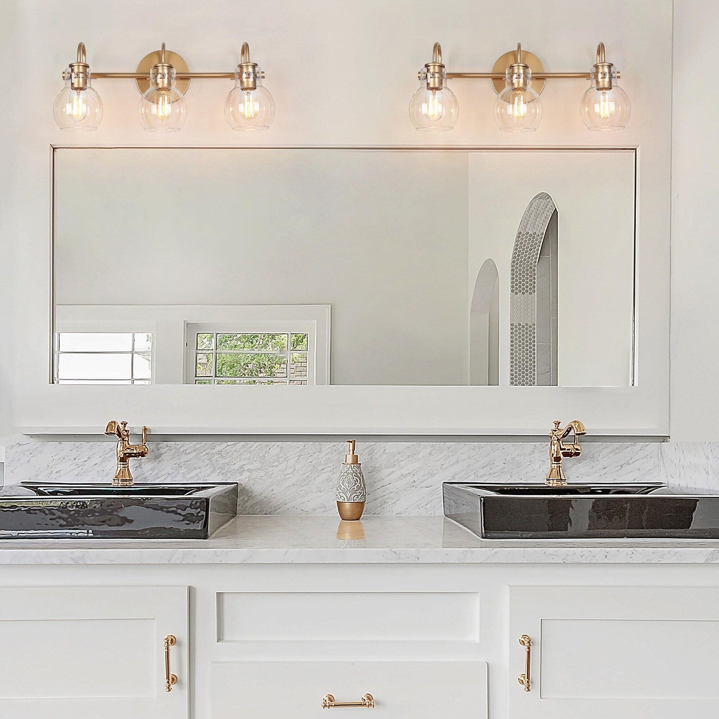 Applique da parete in vetro a forma di sfera, moderna, per bagno, a 3 luci, color oro