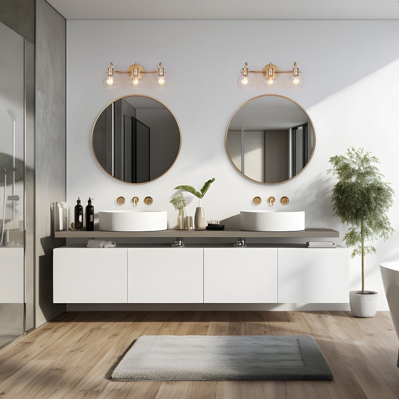 Applique da parete in vetro a forma di sfera, moderna, per bagno, a 3 luci, color oro