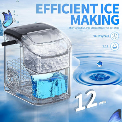 Nugget Ice, macchina per il ghiaccio portatile da banco con pulsanti meccanici, dotata di cestello e paletta per il ghiaccio, acciaio inossidabile