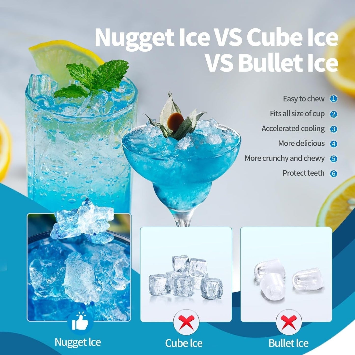 Nugget Ice, macchina per il ghiaccio portatile da banco con pulsanti meccanici, dotata di cestello e paletta per il ghiaccio, acciaio inossidabile