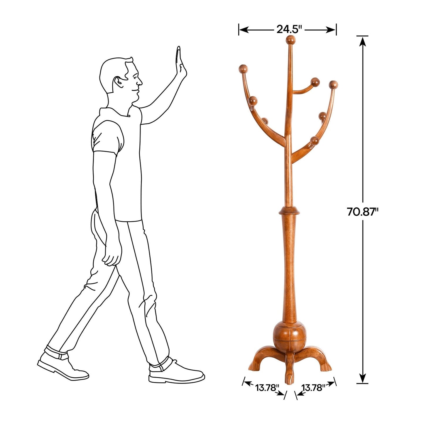 Appendiabiti indipendente in legno di caucciù con 8 ganci - 24,5 L x 70,87 A
