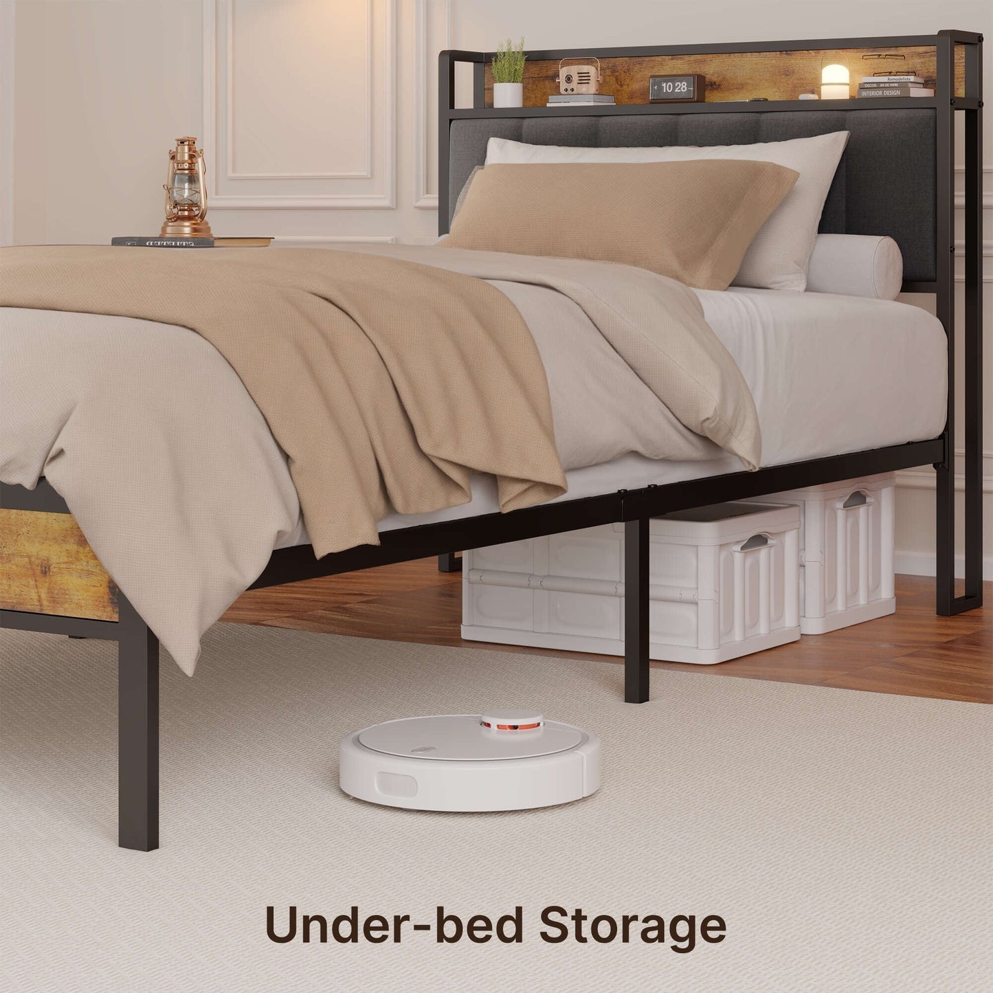 Letto matrimoniale/matrimoniale/queen size/king size con struttura in metallo e testiera imbottita con contenitore