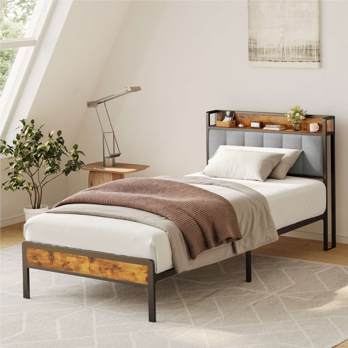 Letto matrimoniale/matrimoniale/queen size/king size con struttura in metallo e testiera imbottita con contenitore