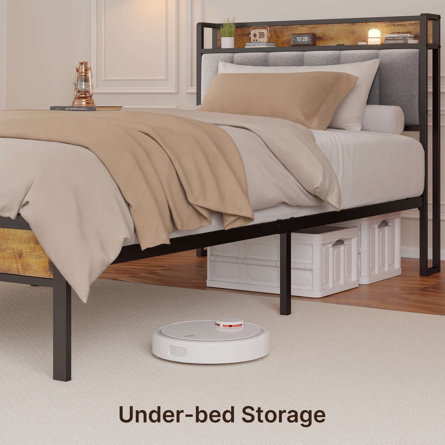 Letto matrimoniale/matrimoniale/queen size/king size con struttura in metallo e testiera imbottita con contenitore