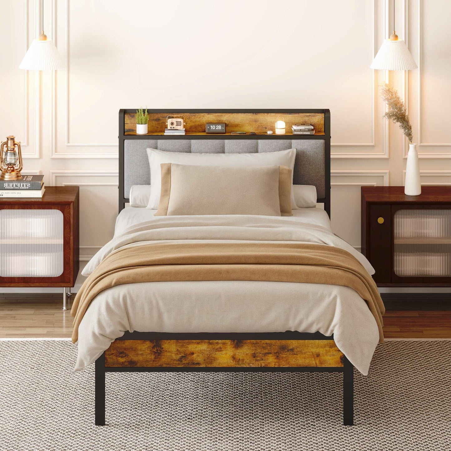 Letto matrimoniale/matrimoniale/queen size/king size con struttura in metallo e testiera imbottita con contenitore