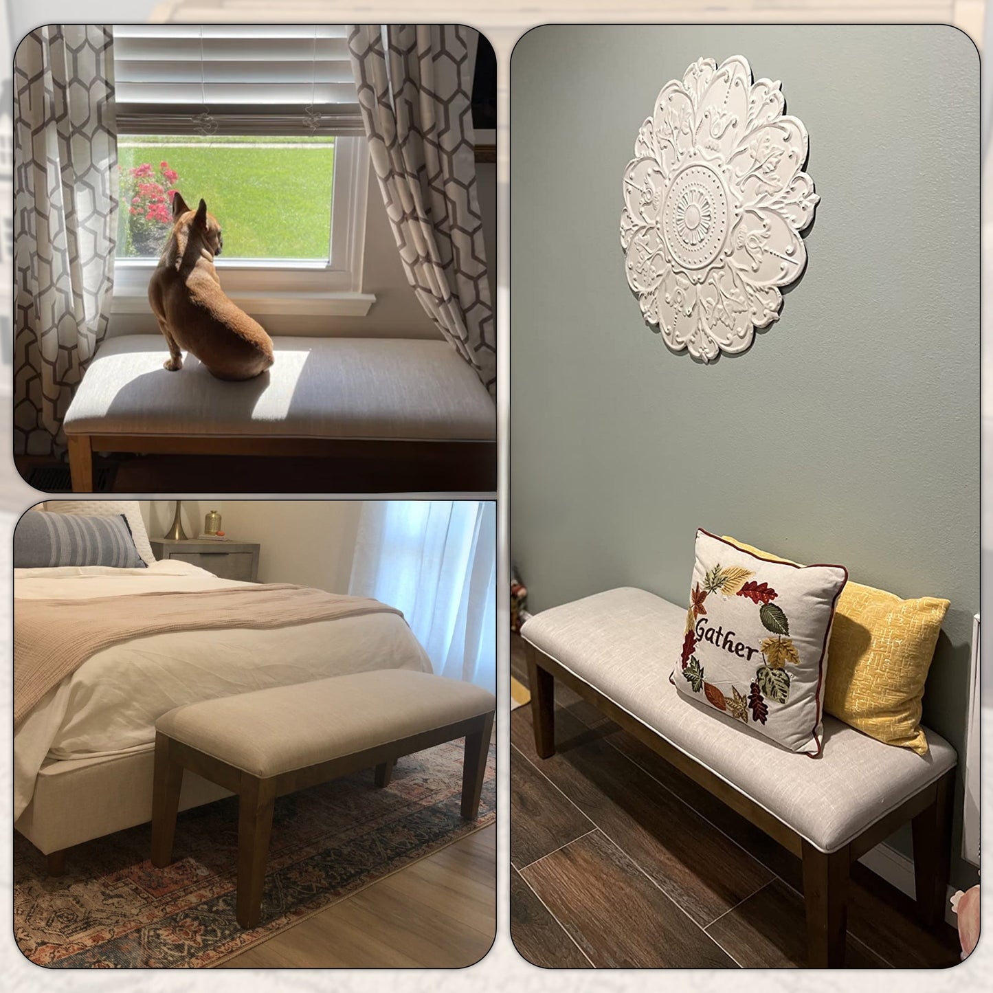 Panca da ingresso imbottita in tessuto, panca da camera da letto per la parte inferiore del letto beige, in legno massello da 44 pollici