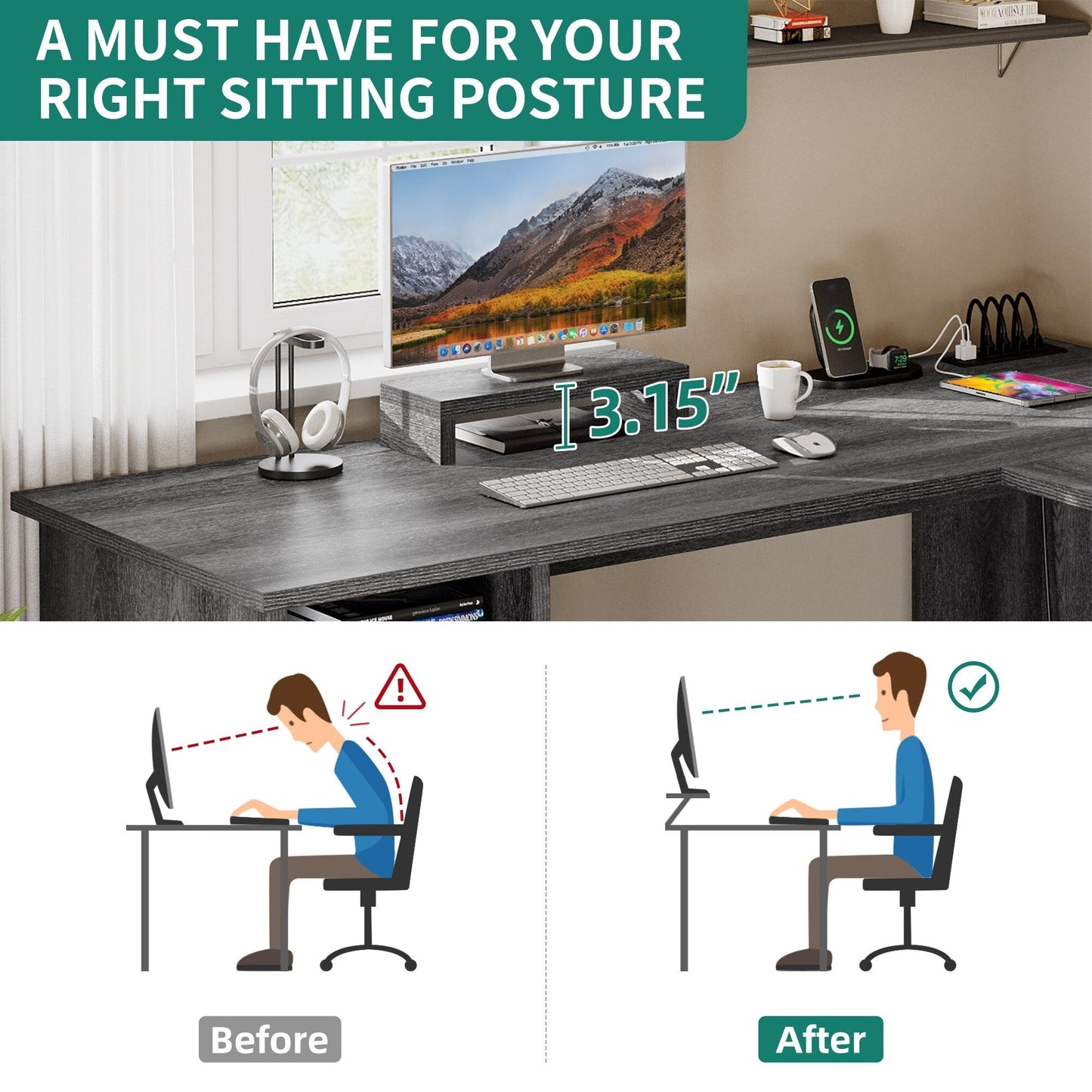 Scrivania da gioco a forma di L Moasis da 59 pollici, scrivania angolare per computer con supporto per monitor