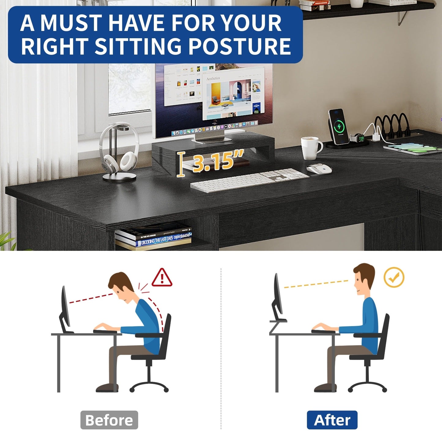 Scrivania da gioco a forma di L Moasis da 59 pollici, scrivania angolare per computer con supporto per monitor