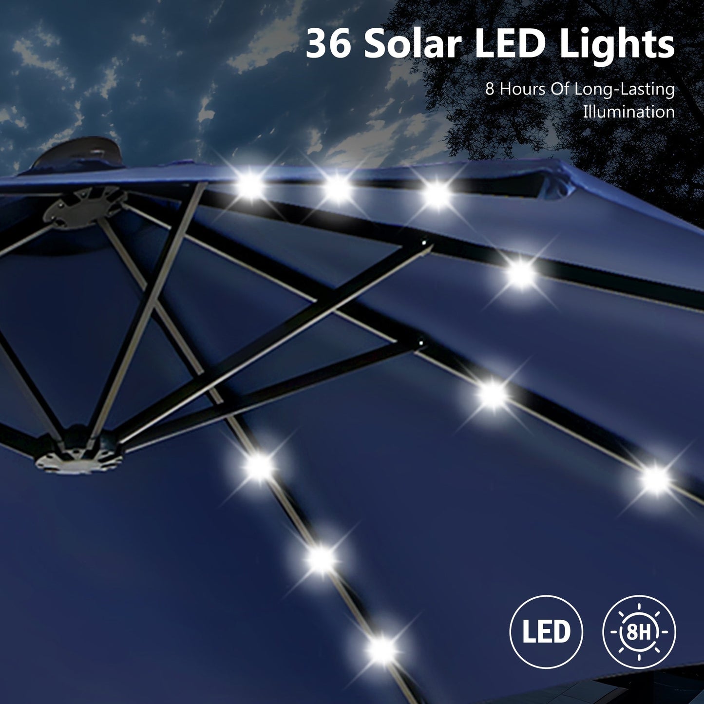 MAISON ARTS Ombrellone da esterno rettangolare da 15 piedi con manovella, doppio lato, con illuminazione a LED solare e base inclusa