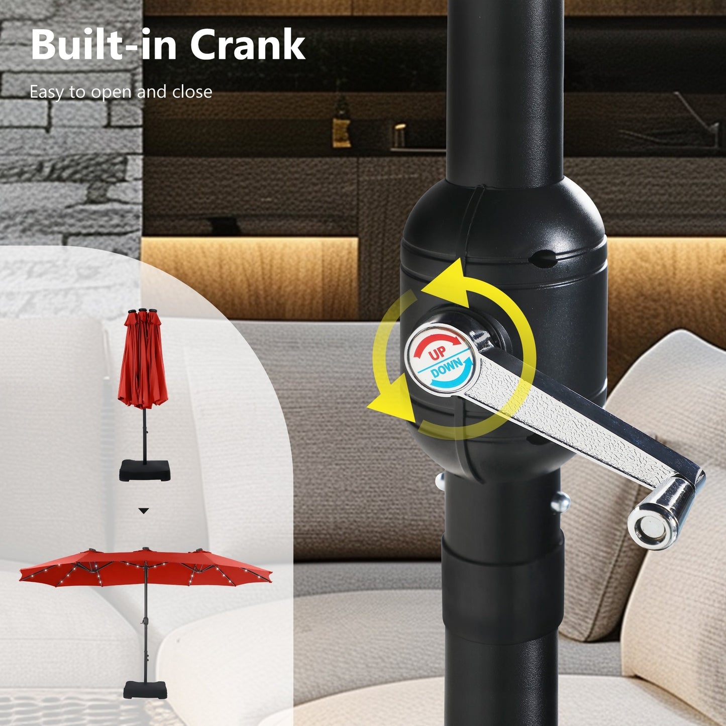 MAISON ARTS Ombrellone da esterno rettangolare da 15 piedi con manovella, doppio lato, con illuminazione a LED solare e base inclusa