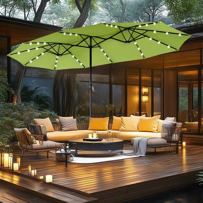 MAISON ARTS Ombrellone da esterno rettangolare da 15 piedi con manovella, doppio lato, con illuminazione a LED solare e base inclusa