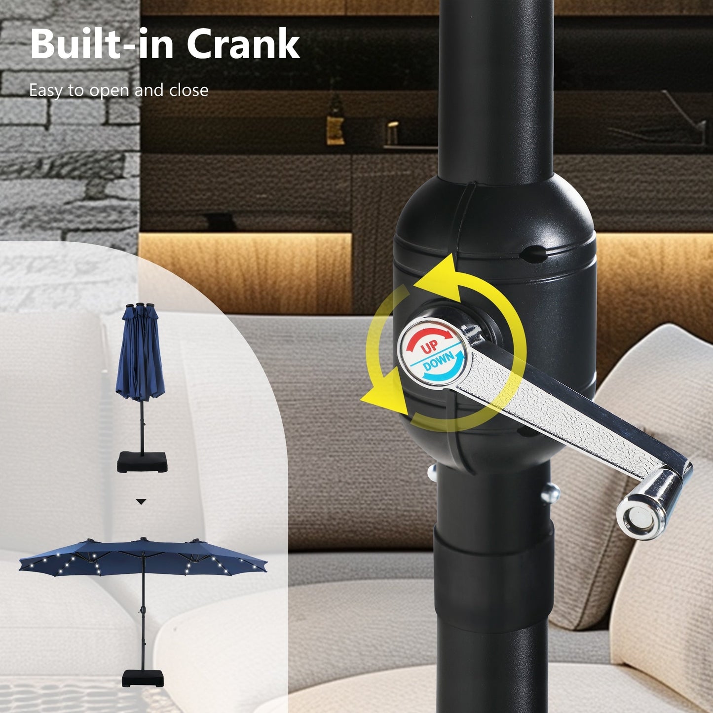 MAISON ARTS Ombrellone da esterno rettangolare da 15 piedi con manovella, doppio lato, con illuminazione a LED solare e base inclusa