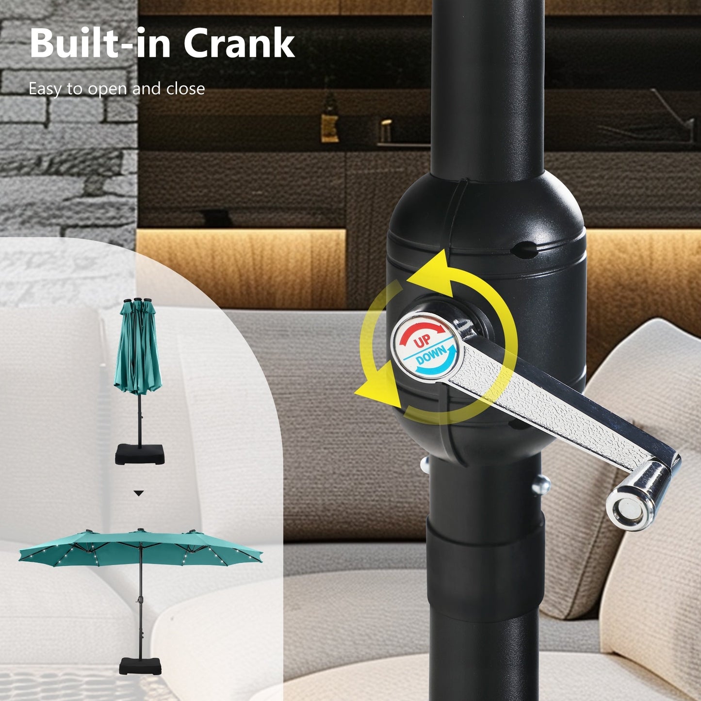 MAISON ARTS Ombrellone da esterno rettangolare da 15 piedi con manovella, doppio lato, con illuminazione a LED solare e base inclusa