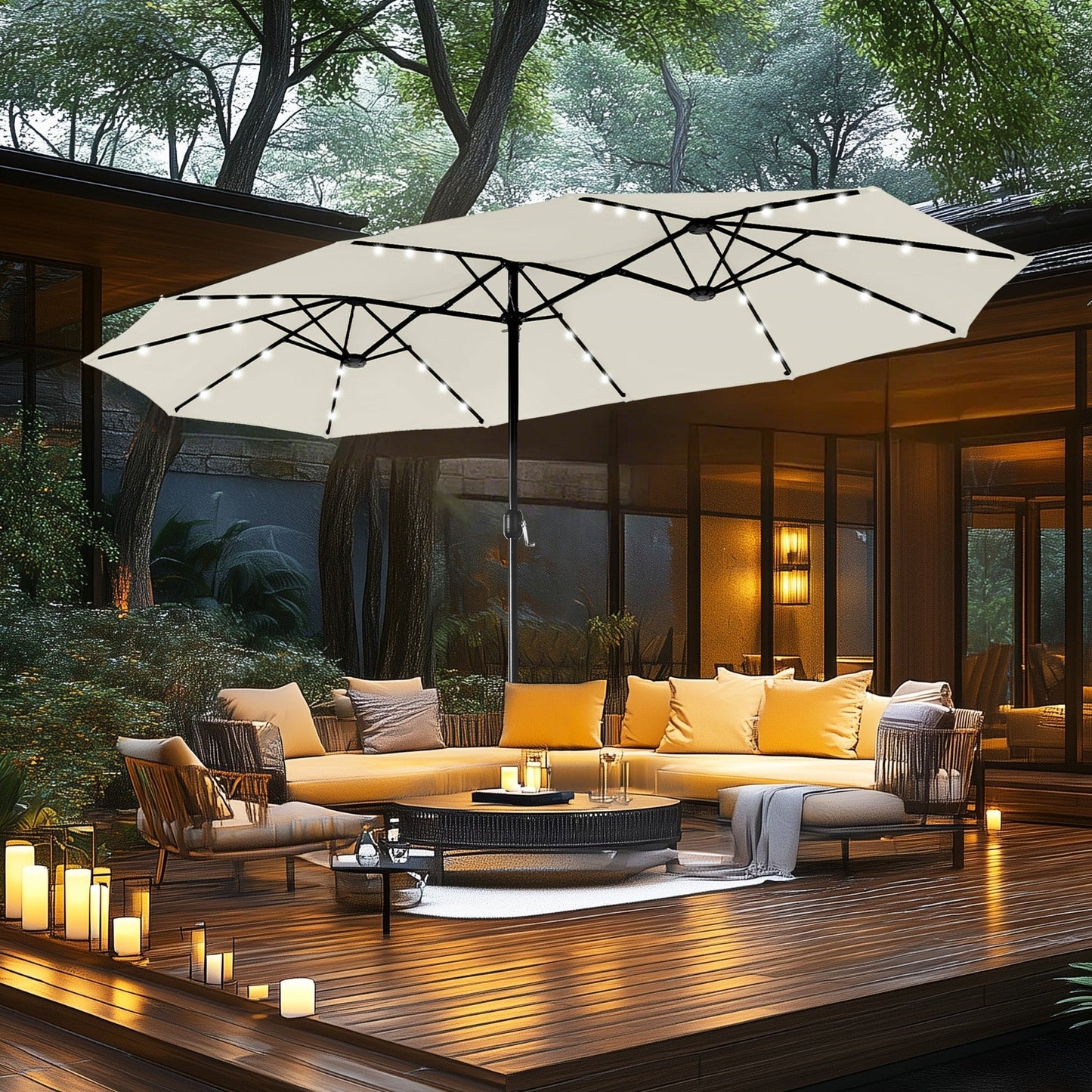 MAISON ARTS Ombrellone da esterno rettangolare da 15 piedi con manovella, doppio lato, con illuminazione a LED solare e base inclusa