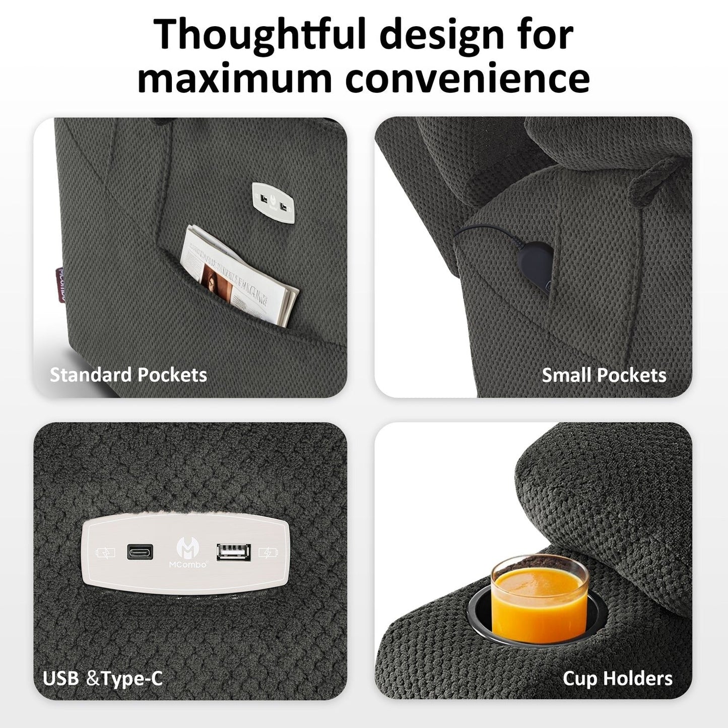 Poltrona reclinabile elettrica MCombo Large-Wide a doppio motore con massaggio e doppio riscaldamento per anziani alti e grandi, tessuto R7635