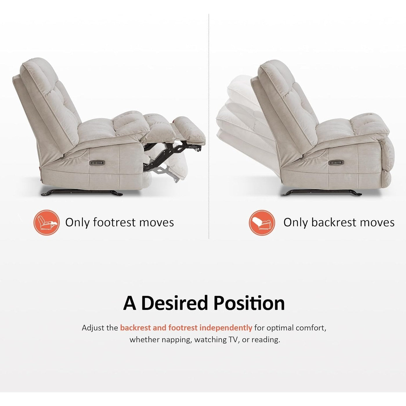 Poltrona reclinabile elettrica senza braccioli MCombo con doppio motore di grandi dimensioni, poltrona reclinabile Zeroarms perfetta per il soggiorno, tessuto PR607