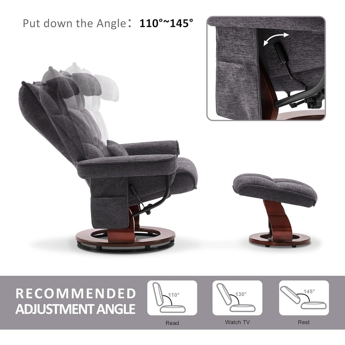 MCombo Set di 2 poltrone reclinabili girevoli con pouf e cuscino per il collo, tessuto in ciniglia