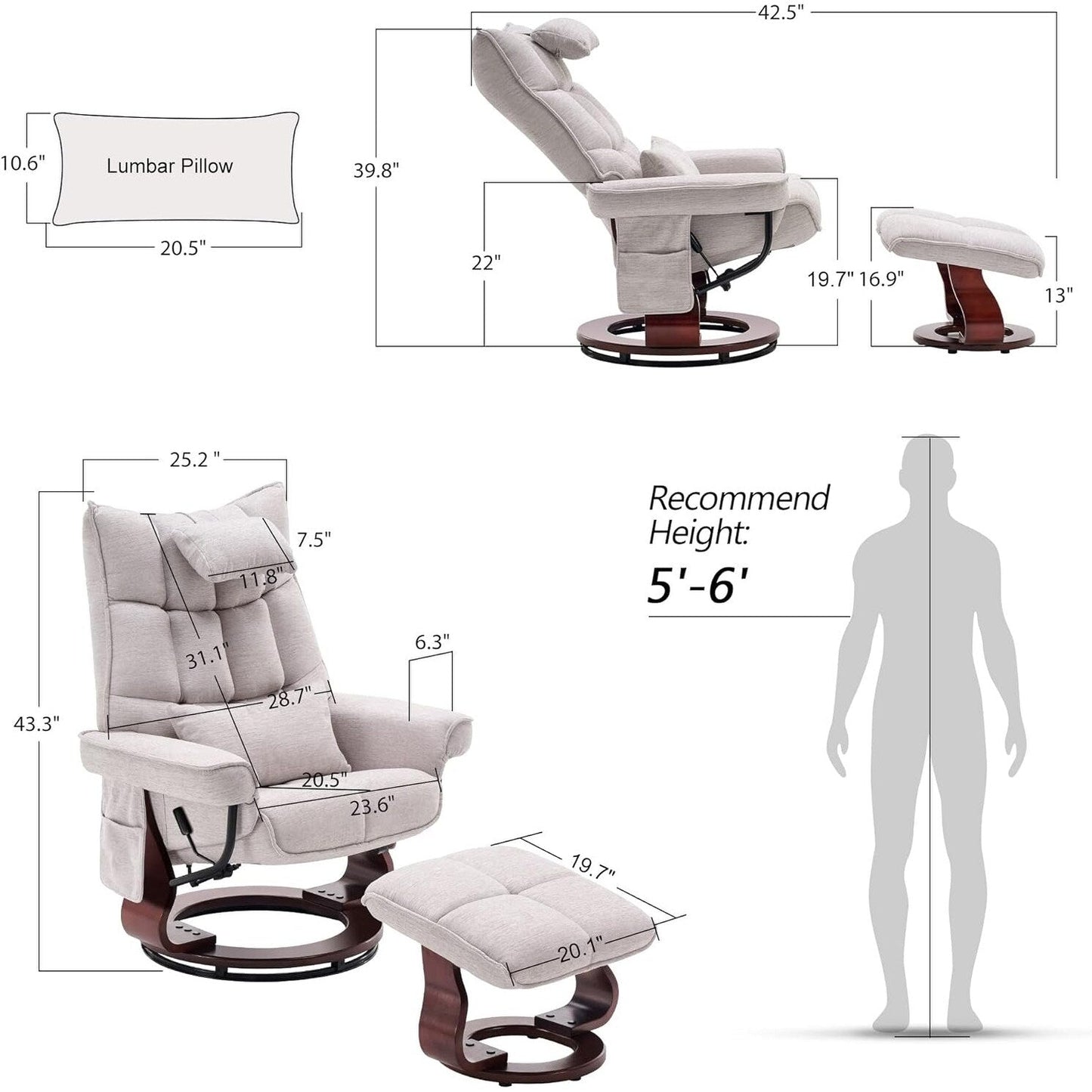 MCombo Set di 2 poltrone reclinabili girevoli con pouf e cuscino per il collo, tessuto in ciniglia