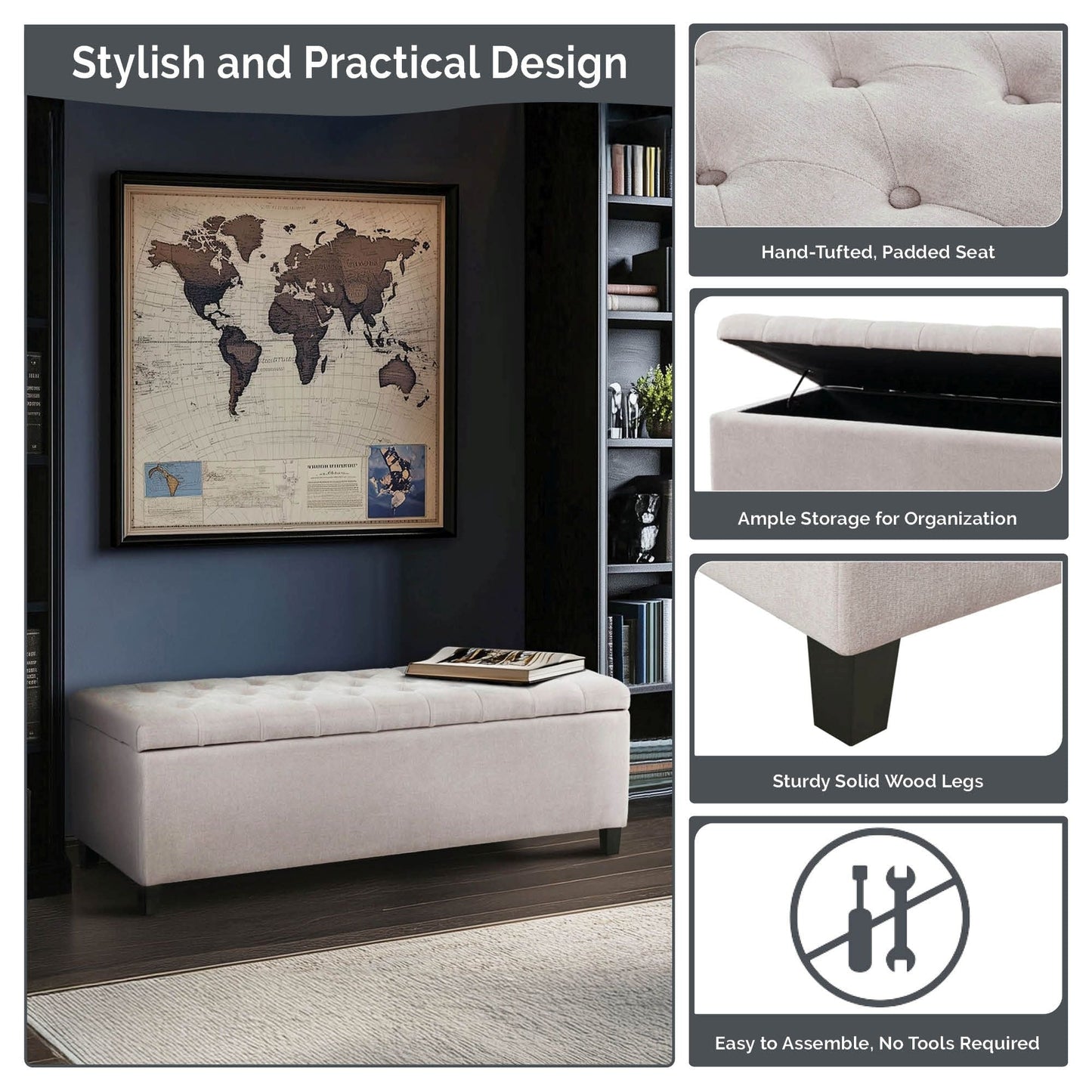 Panca contenitore imbottita con piano trapuntato Madison Park Sasha