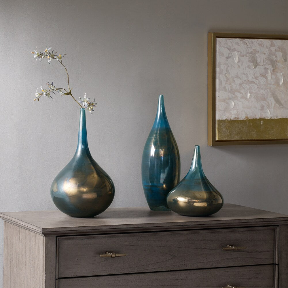 Set di 3 vasi decorativi in ​​vetro blu e bronzo Aurora Signature di Madison Park