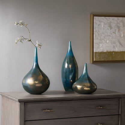 Set di 3 vasi decorativi in ​​vetro blu e bronzo Aurora Signature di Madison Park