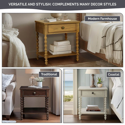 Comodino in legno tornito Madison Park Signature Beckett con cassetto e ripiano