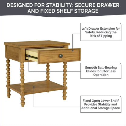 Comodino in legno tornito Madison Park Signature Beckett con cassetto e ripiano