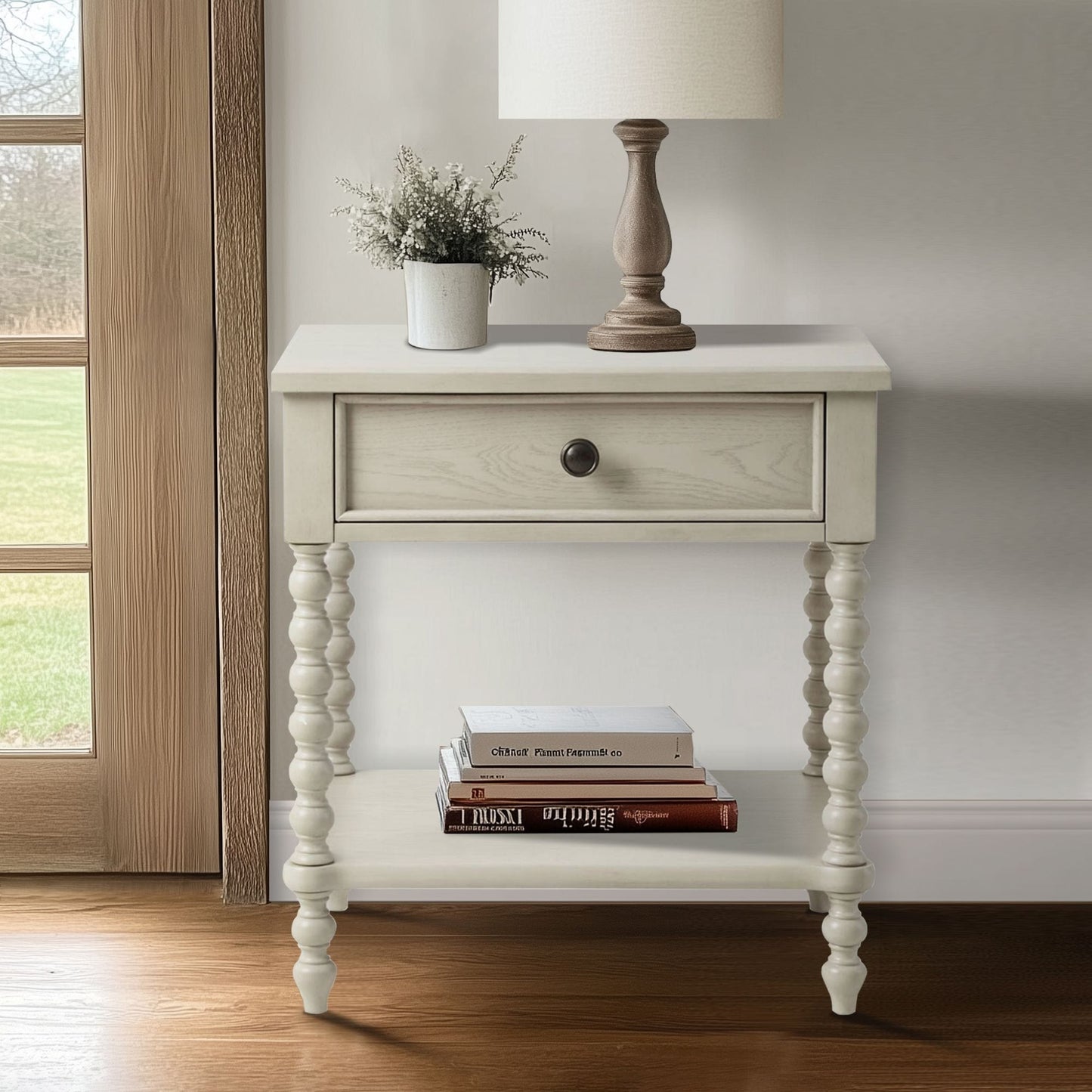 Comodino in legno tornito Madison Park Signature Beckett con cassetto e ripiano