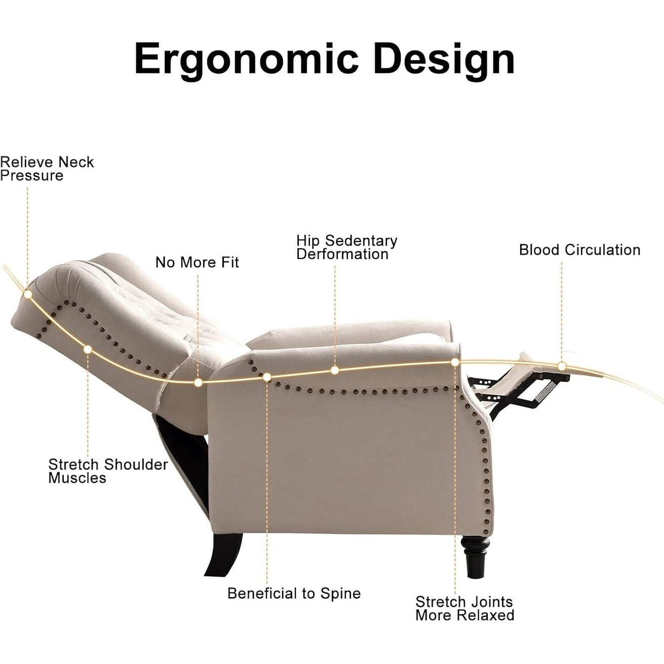 Poltrona reclinabile con schienale a spinta, poltrona reclinabile in tessuto con schienale a spinta e decorazione a rivetto, poltrona singola con divano
