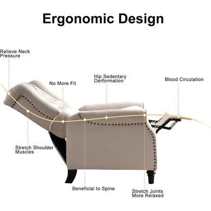 Poltrona reclinabile con schienale a spinta, poltrona reclinabile in tessuto con schienale a spinta e decorazione a rivetto, poltrona singola con divano