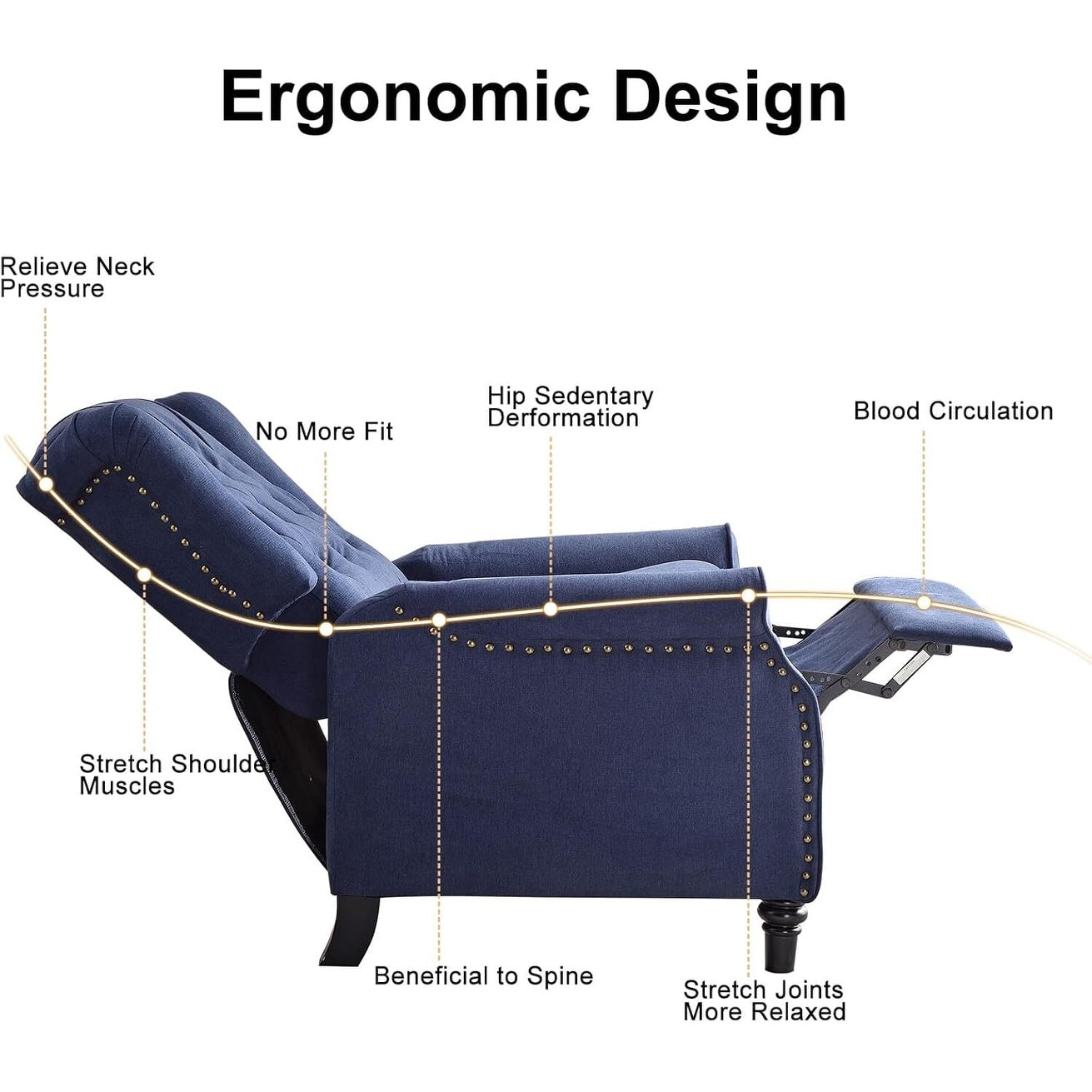 Poltrona reclinabile con schienale a spinta, poltrona reclinabile in tessuto con schienale a spinta e decorazione a rivetto, poltrona singola con divano