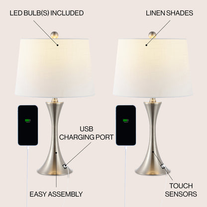 Lampada da tavolo a LED Makena 22.75 Modern Glam Iron Hourglass con porta di ricarica USB, (set da 2) di JONATHAN Y