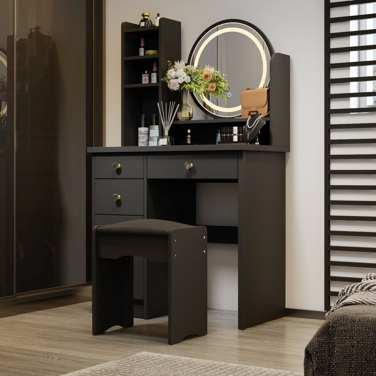 Set da toeletta per il trucco con specchio touch screen e sgabello