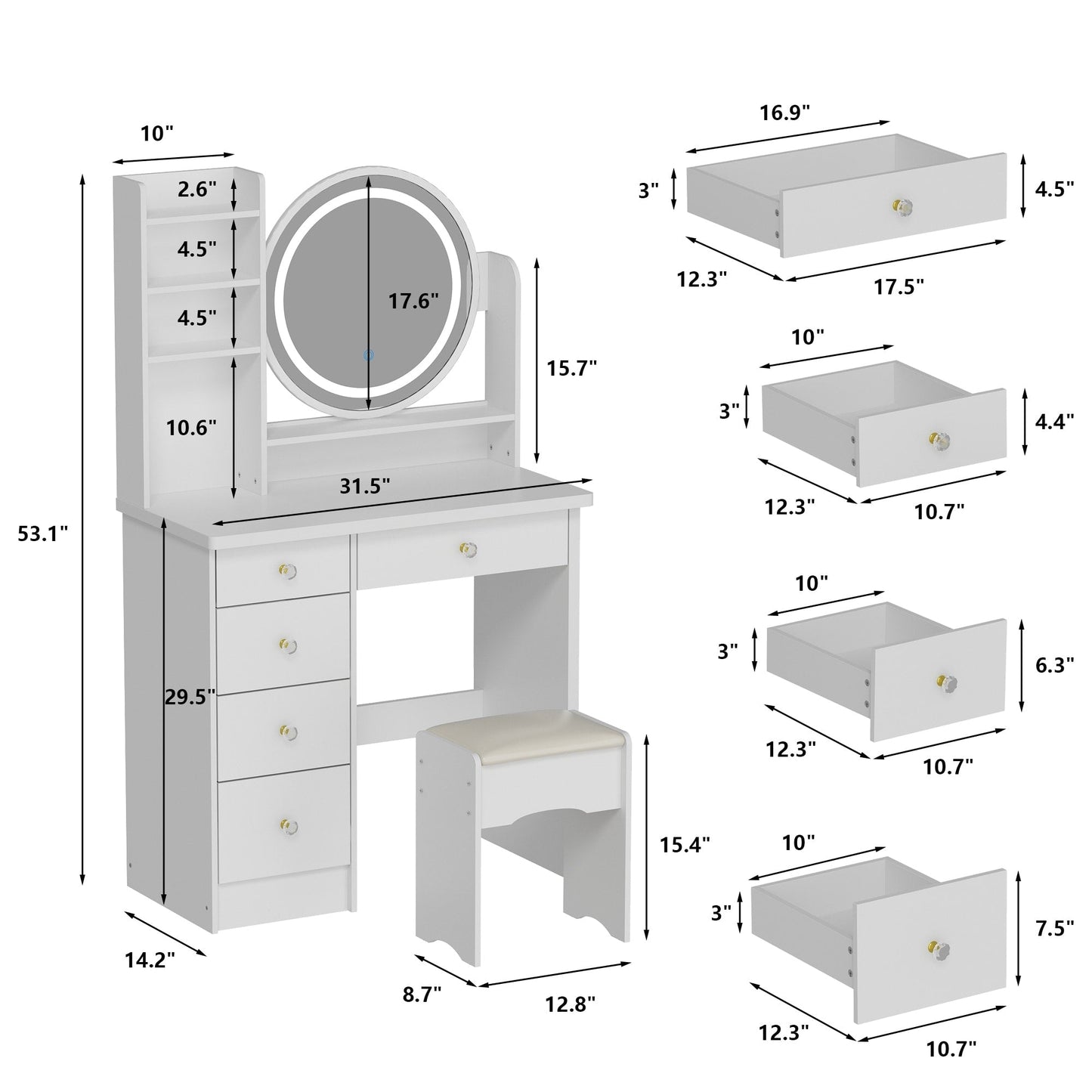 Set da toeletta per il trucco con specchio touch screen e sgabello