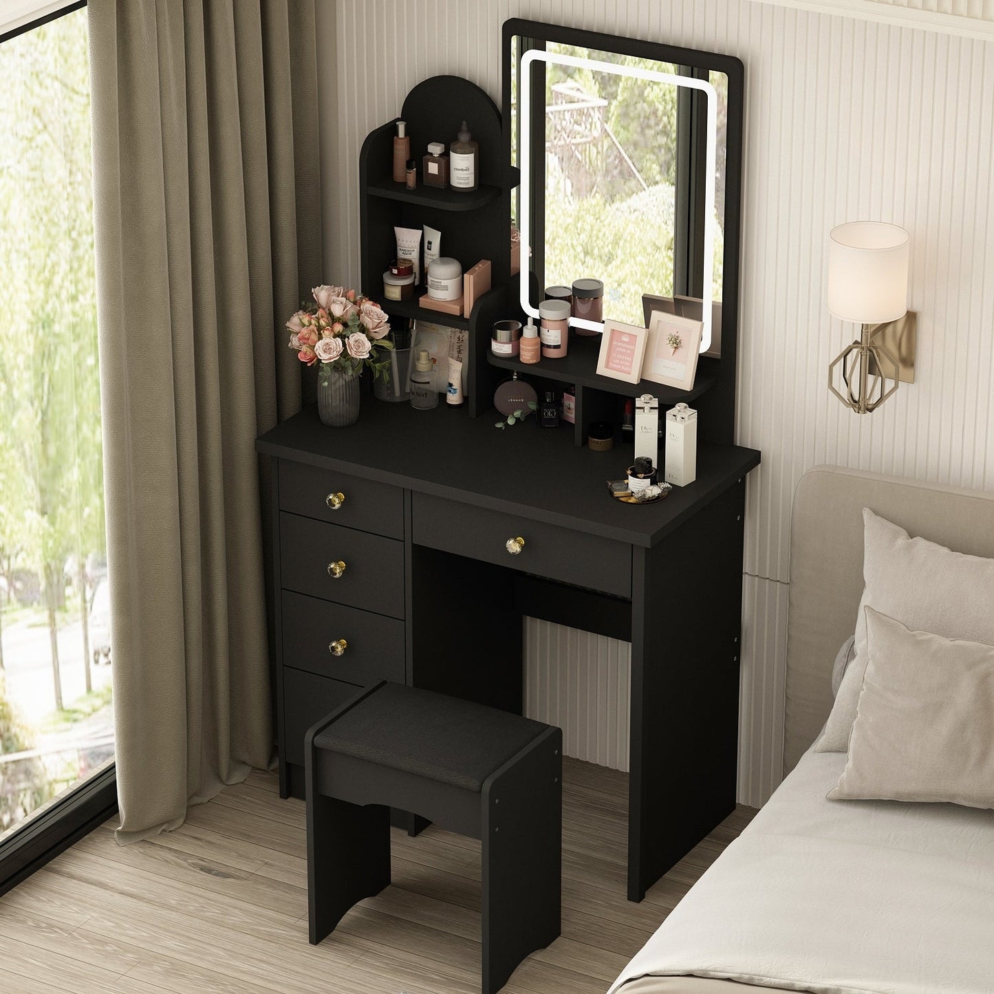 Tavolo da trucco con luce LED, specchio e sgabello