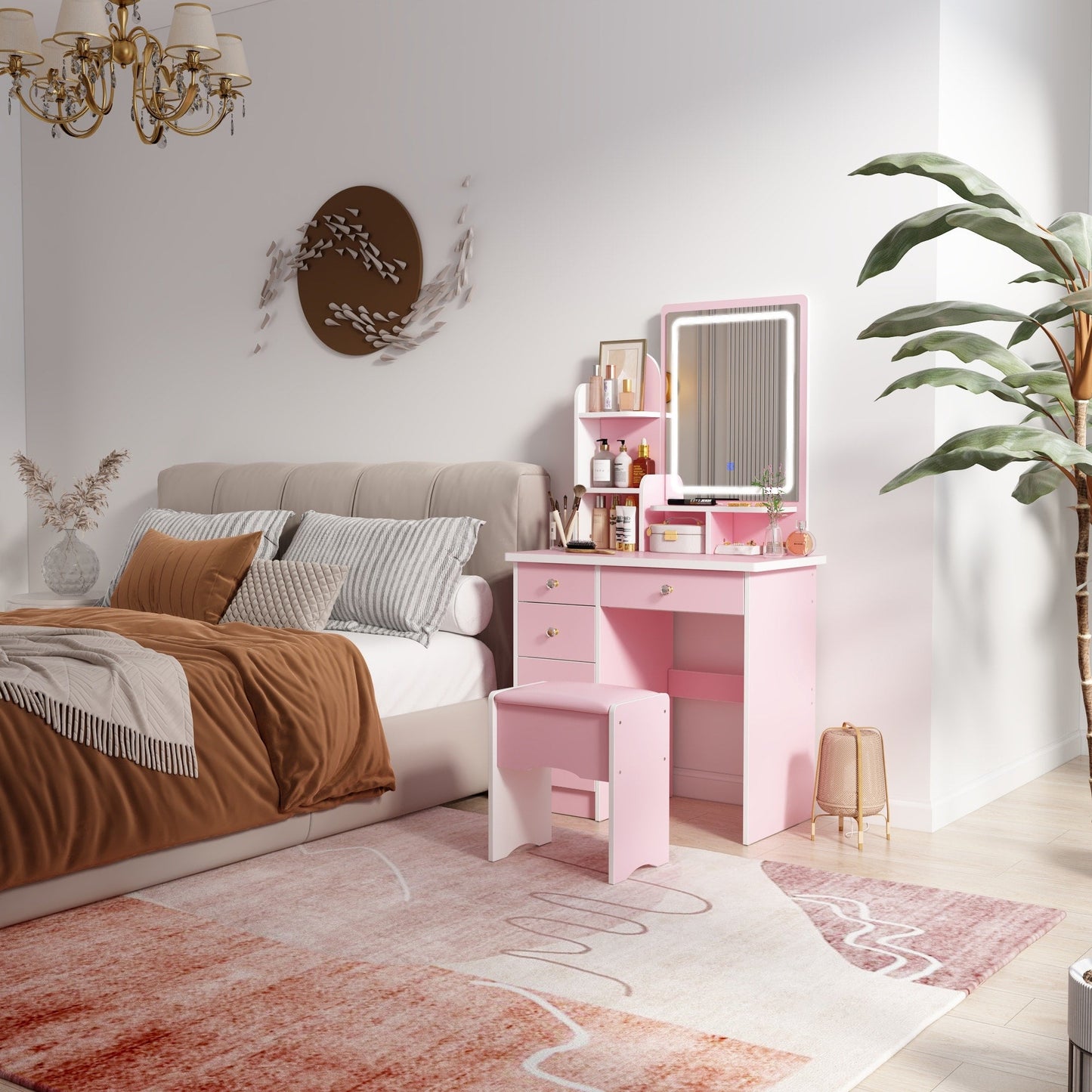 Tavolo da trucco con luce LED, specchio e sgabello